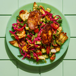 Hot Honey Halloumi And Dill Fattoush With Pomegranate And Lime Vinaigrette