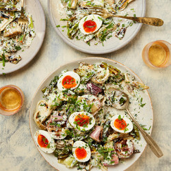 Grilled Alliums With Eggs And Tarragon Yoghurt