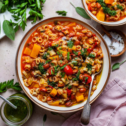 One Pot Borlotti Bean And Pasta Stew With Butternut Squash And Sage Pesto (pasta E Fagioli)