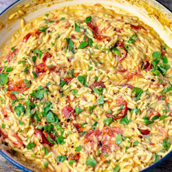 Creamy Orzo With Garlic, Parmesan, And Blistered Tomatoes