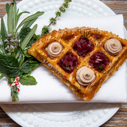 Waffles With Chicken Liver Parfait And Red Wine Shallots