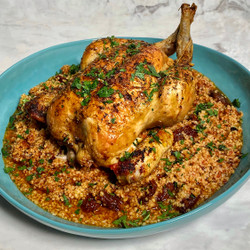 Roast Chicken With Tomatoey Bulgur Wheat, Dilly Leeks And Peas