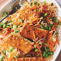 Baked Tofu With Satay Sauce, Edamame And Kimchi Slaw