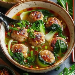 Ginger Chicken Meatball Soup With Baby Bok Choy And Crispy Wonton Strips
