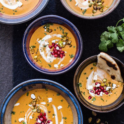 Moroccan Butternut Squash And Goat Cheese Soup W/coconut Ginger Cream + Pistachios.