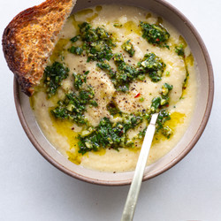 Cauliflower Soup With Green Olive Salsa Verde