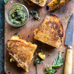 Breakfast Grilled Cheese With Soft Scrambled Eggs And Pesto