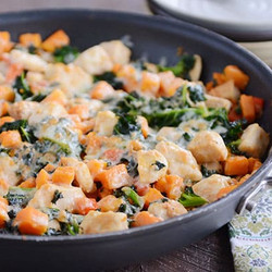 Cheesy Chicken, Kale And Sweet Potato Skillet Meal