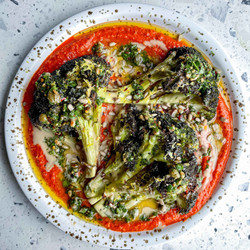 Broccoli w/ Red Pepper Sauce &amp; Caper Salsa