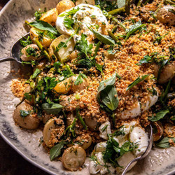 Roasted Asparagus And Potatoes With Sesame Breadcrumbs And Burrata