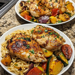 Garlic Butter Chicken with Roasted Veggie Orzo