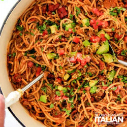 One Pot Cheesy Taco Spaghetti