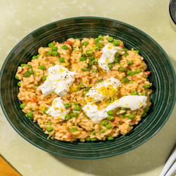 Oven-baked Veggie 'nduja And Burrata Risotto With Peas And Hard Italian Style Cheese