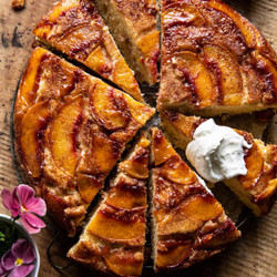 Cinnamon Sugar Peach Upside Down Skillet Cake.