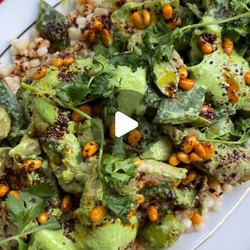 Jalapeño Green Goddess Chickn Salad With Charred Greens And Giant Cous Cous