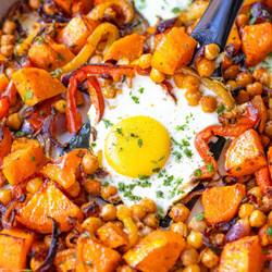 Sheet Pan Eggs And Veggies (easy Sweet Potato And Chickpea Bake)