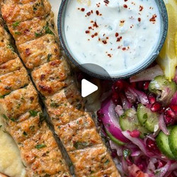 Sheet Pan Chicken Kebab With Onion, Tomato, Cucumber Pomegranate Salad And Garlic Yogurt Sauce