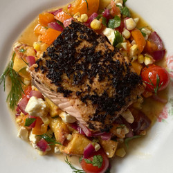 Salmon With Grilled Vegetables And Lemon Mustard Vinaigrette