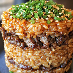 Sesame Ginger Beef Rice Stack