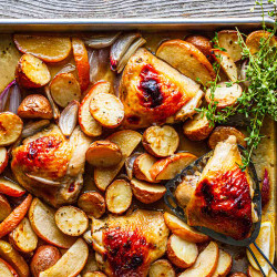 Honey Roasted Chicken Thighs With Potatoes, Apples, And Shallots