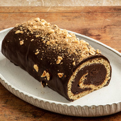 Chocolate And Hazelnut Roulade With Toasted Hazelnut And Cinnamon Crumble