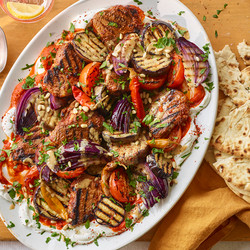 Spiced Lamb Chops And Aubergines With Labneh And Tomato Sauce