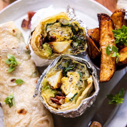 Cheesy Pesto Avocado Bacon Breakfast Burrito