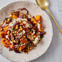 Roasted Squash, Chickpea + Pecan Salad With Tahini Dressing