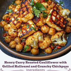 Honey Curry Roasted Cauliflower With Grilled Halloumi And Crunchy Chickpeas