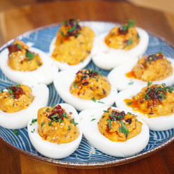 Chili Crunch Deviled Eggs
