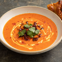 Harissa-roasted Pepper And Tomato Soup With Kimchi Focaccia