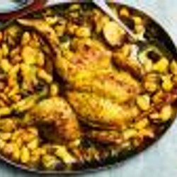 Roast Chicken With Butter Beans And Potatoes With Peppers And Garlic