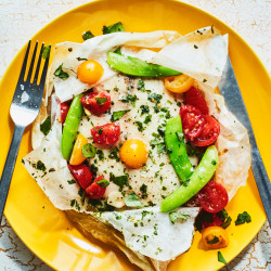 Fish Packets With Snap Peas, Tomatoes, And Herb Butter
