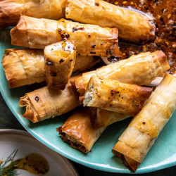 Oven Fried Feta Rolls With Chili Honey