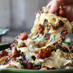 Cranberry, Butternut And Brussels Sprout Brie Skillet Nachos