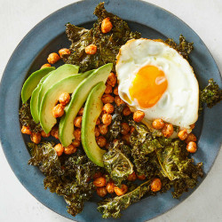Salt And Vinegar Kale Chips With Fried Chickpeas And Avocado