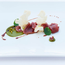 Seared Venison, Pistachio Purée, Lemon Honey And Wasabi Rice Chips