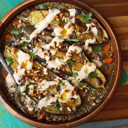 Roasted Eggplant With Tahini, Pine Nuts, And Lentils