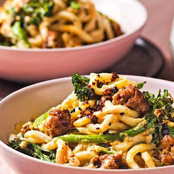 Tahini Miso Noodles With Crispy Broccoli &amp; Sausages
