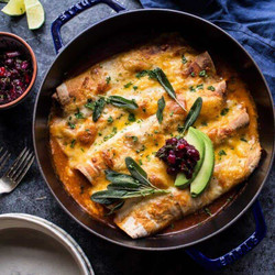 Spicy Green Chile Turkey, Butternut Squash And Crispy Sage Enchiladas.