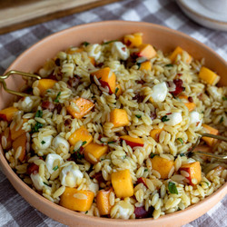 Peach Prosciutto Hot Honey Orzo Salad