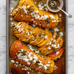 Hot Honey Hasselback Butternut Squash With Feta And Pepitas