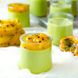 Matcha Panna Cotta With Passion Fruit Mango Compote