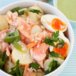 Poached Salmon And Preserved-lemon Potato Salad With Watercress Mayo fish bill Grainger