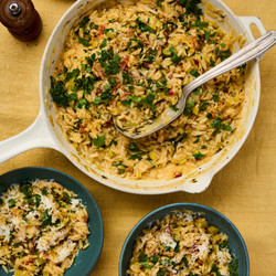 Leek, Pancetta And White Wine Orzo - georgina hayden