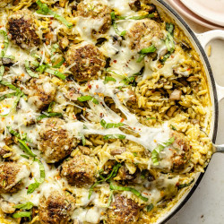One Pan Baked Pesto Orzo With Chicken Meatballs
