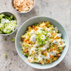 One-Pan Curried Chicken with Coconut Rice and Lime Yogurt Sauce