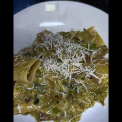 Paccheri With Cream Of Asparagus And Burrata, Crispy Speck