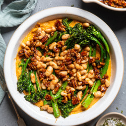 Miso Tahini Whipped Sweet Potato Bowl With Spiced Beans And Broccolini
