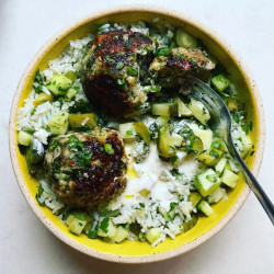 Spiced Green Meatballs With Pickle Rice And Salty Yogurt